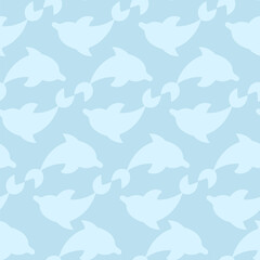 Two dolphin silhouettes circling. Repeating vector pattern. Continuous ornament of a pair of white sea mammals. Isolated blue background. Flat style. Ocean inhabitant. Web design idea.