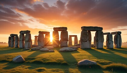 A mystical Summer Solstice at Stonehenge, where blurry figures gather around ancient stones at dawn to witness the sun's alignment, welcoming the longest day, Generative AI