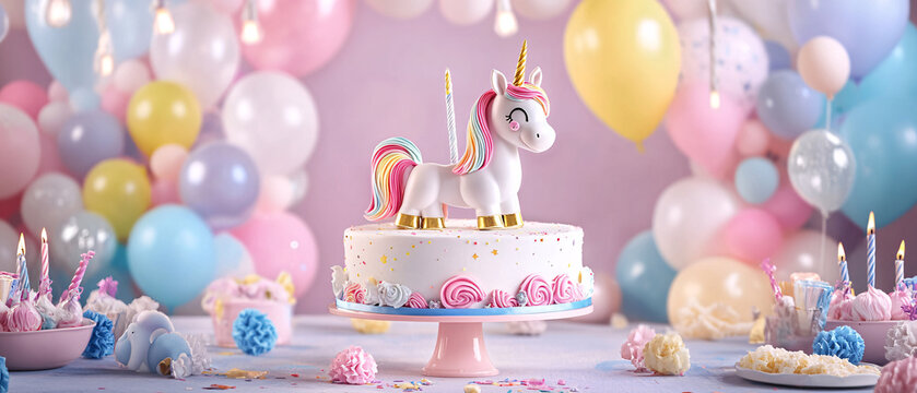 Unicorn Cake with Balloons for a Magical Birthday Party