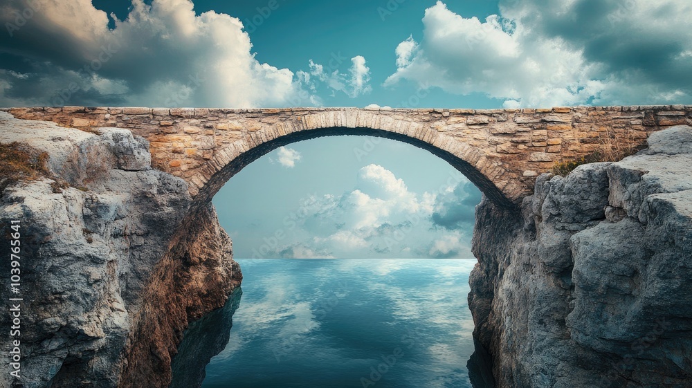 Poster Stone arch bridge connecting two cliffs over calm water with cloudy sky in background