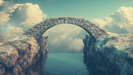 Picturesque stone bridge arches over serene water body beneath cloudy skies