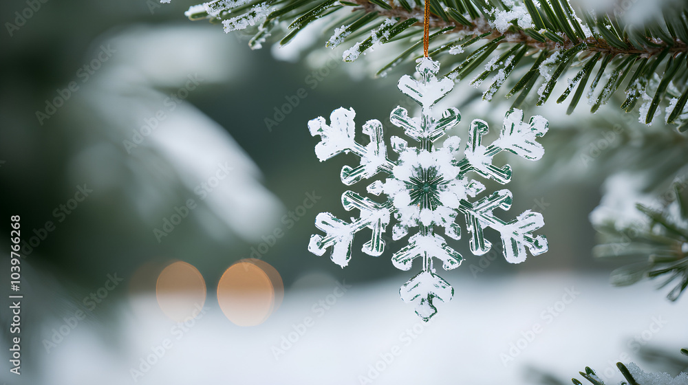 Wall mural a close-up of a crystal snowflake ornament hanging from a snowy pine branch.