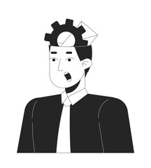 Gear envelope inside head overwhelmed man office worker black and white 2D line character. Asian male overload work employee shirt tie isolated vector outline person. Monochromatic spot illustration