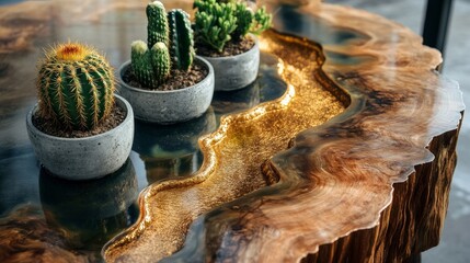 Expensive vintage furniture. The table has been varnished and coated with epoxy resin. A rounded tree slab with a river of gold epoxy. Tiny cactus on copper spacing in concrete pots.