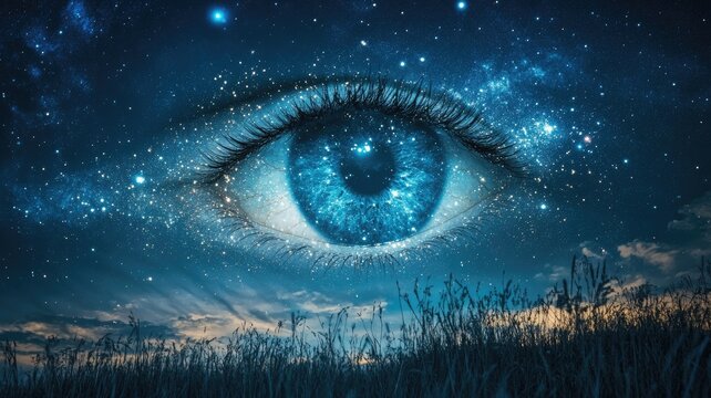 Giant blue eye blends with starry night sky over field Surreal and cosmic