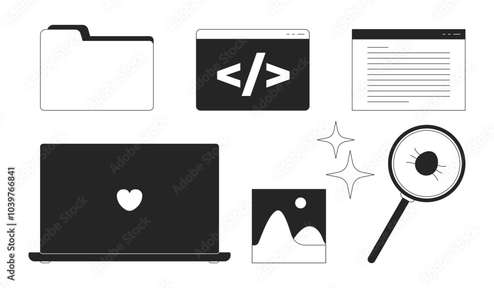 Poster programming desktop icons black and white 2d line objects set. angle brackets slash. bug fix, laptop