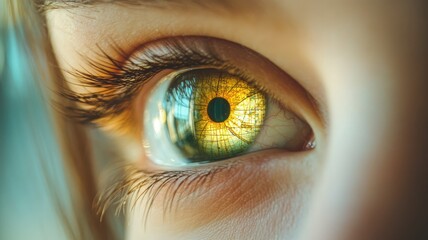 Close-up of human eye with vibrant green and yellow hues, displaying intricate details iris