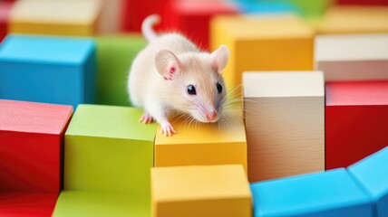 Fototapeta premium Small white mouse on colorful building blocks