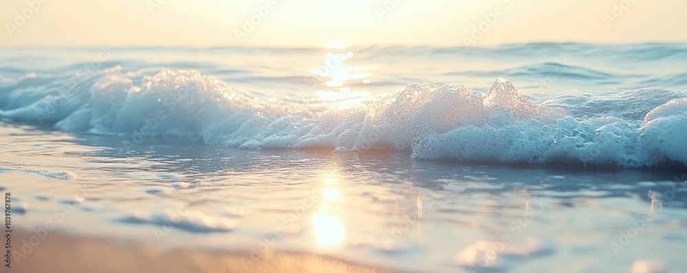 Poster serene and soothing image of soft light reflecting on the calm ocean waves creating gentle ripples a