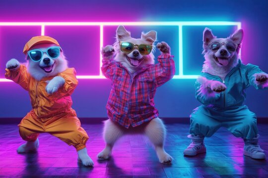 Three dogs in colorful retro clothing dancing joyfully against a neon background.