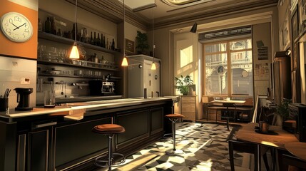 Bar counter in the kitchen. At home, working over a cup of coffee in the evening after a demanding day. office at home.