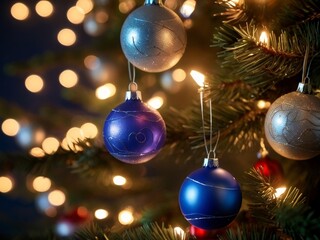 Christmas tree with Christmas balls decorated with twinkling lights