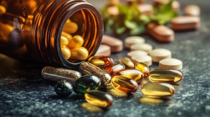 Close-up shot of vitamins and supplements, including Vitamin C, D3, E, fish oil, and coenzyme Q10, beside a brown bottle. 