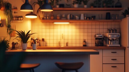 Bar counter in the kitchen. At home, working over a cup of coffee in the evening after a demanding day. office at home.
