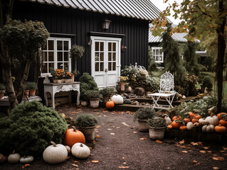 Garden decorated for halloween and fall. Fall garden decor with pumpkins, lanterns and wreaths
