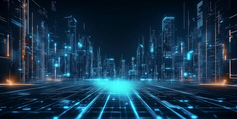 Nighttime view of a technologically advanced city with sleek, illuminated skyscrapers. Premium background for the latest technology needs.