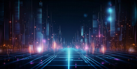 Nighttime view of a technologically advanced city with sleek, illuminated skyscrapers. Premium background for the latest technology needs.