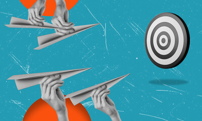 Contemporary art collage featuring a hand with airplanes and one goal.