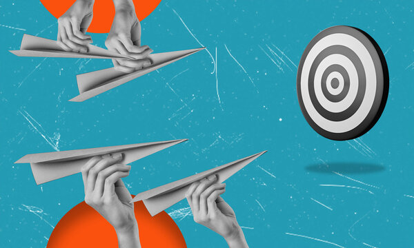 Contemporary art collage featuring a hand with airplanes and one goal.