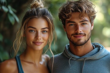 Obraz premium Couple smiles together in a sunny outdoor setting during a relaxing afternoon in nature