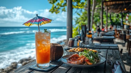 Tropical Beach Restaurant with Cocktail Shrimp Salad and Ocean View