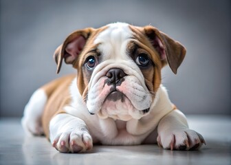Fototapeta premium cute bulldog puppy lying down looking up close up