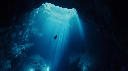 Obraz premium A person descends into a deep cave on a rope, illuminated by beams of light
