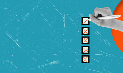 Modern art collage depicting a hand with a pen puts crosses in a bulletin on a blue background with copy space.