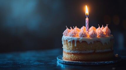 Birthday cake with pastelcolored frosting and a lit candle sits on a simple background The candle's warm glow softly illuminates the cake creating a joyful celebratory atmosphere