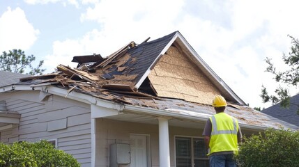 Inspector assessing roof damage caused by storm insurance claim