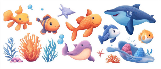 Obraz premium Adorable Cartoon Ocean Animals Illustration with Colorful Fish, Coral, and Seaweed