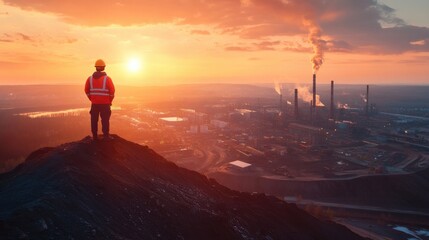 Fototapeta premium Engineer on hill overseeing industrial site with sunset view