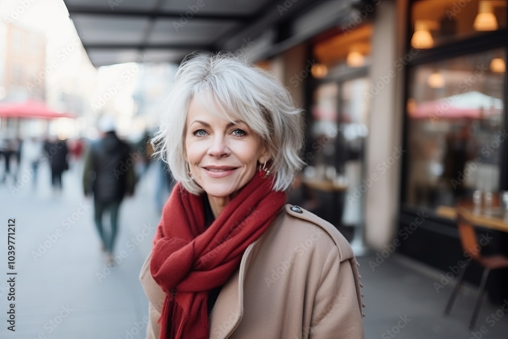 Poster Portrait of a beautiful senior woman with red scarf in the city