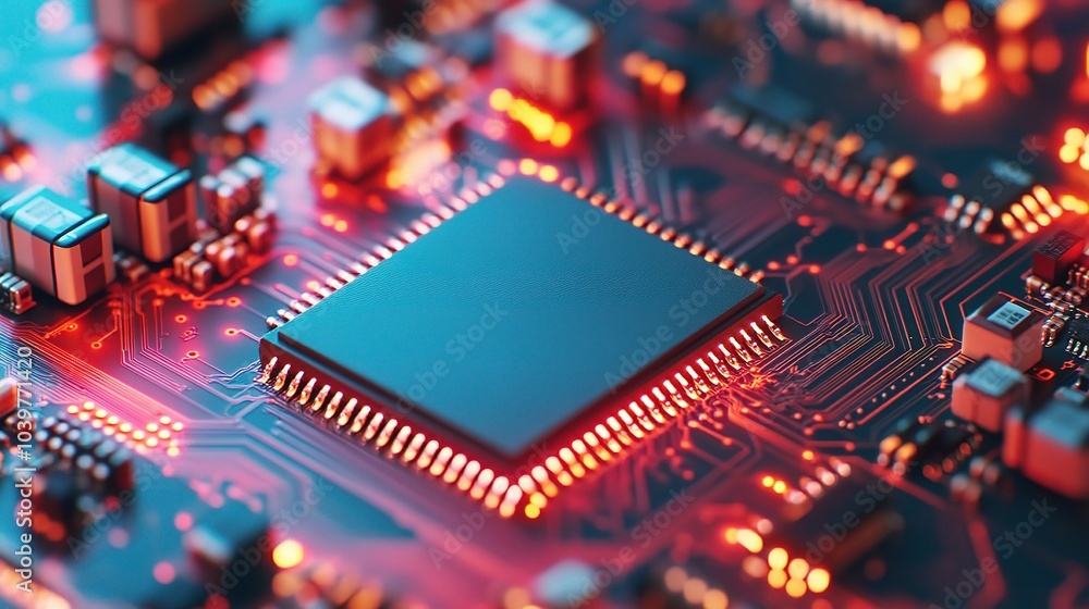 Poster close-up of computer circuit board with chips and lights