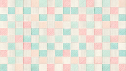 Fototapeta premium A colorful, geometric pattern featuring pastel squares arranged in a grid, blending soft pink and turquoise hues.