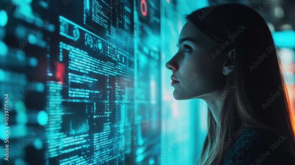 Aufkleber woman coding with hologram data analysis cyber security futuristic theme