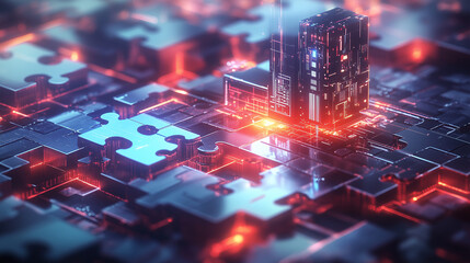 Digital city model with a glowing red skyscraper