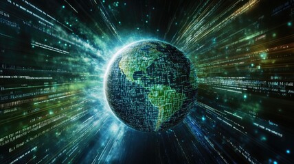 Fototapeta premium Digital world representation with data streams surrounding Earth in space