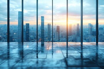 Stunning urban skyline view from a modern office with sunset reflections on the floor