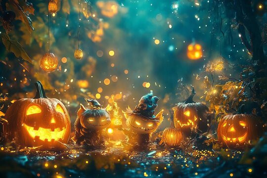 A fantasy Halloween party with creatures like trolls, ogres, and enchanted pumpkins, glowing lanterns and vibrant mystical energy