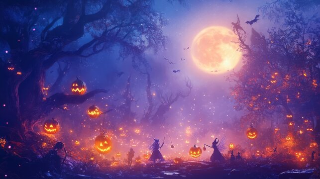 A mystical Halloween party with fairies, goblins, and trolls celebrating under glowing lanterns and eerie moonlight, vibrant and magical
