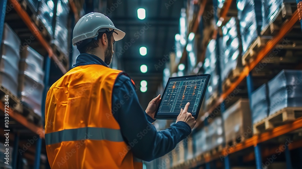 Poster warehouse worker analyzing data on tablet