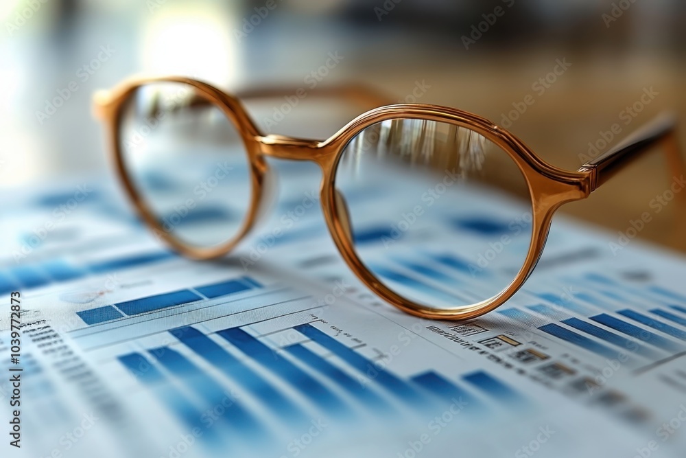 Poster glasses positioned on financial report with blue bar graphs during a workspace analysis session