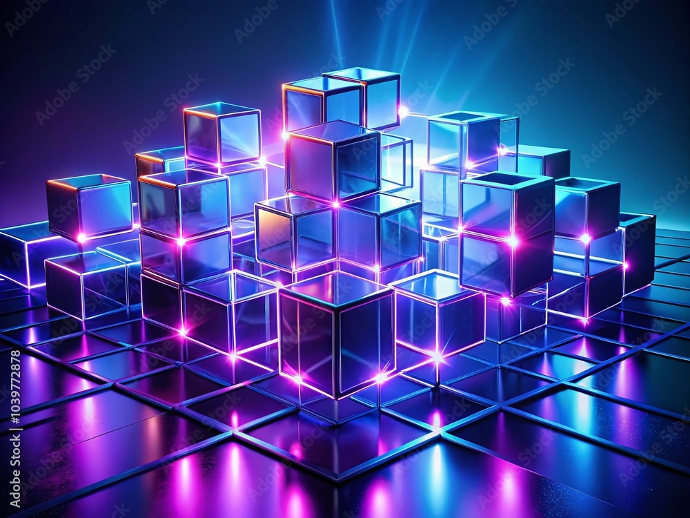 Aufkleber abstract 3d illustration of glowing cubes connected by lines on gradient background for modern digit