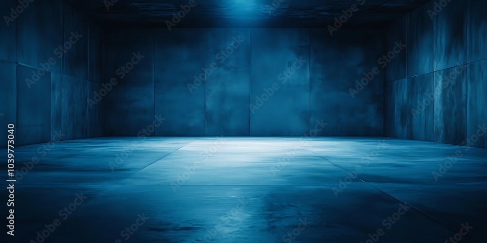 Poster an empty studio background in deep blue hues, featuring a concrete floor with a perspective effect a