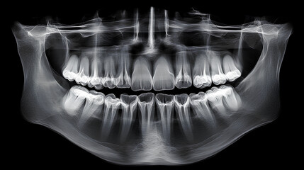 Panoramic x-ray image displaying human teeth and the jawbone.