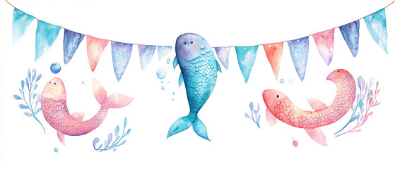Watercolor Illustration of Three Fish with Bunting Flags for Party Decorations, Watercolor Illustration of Three Fish with Bunting Flags for Par