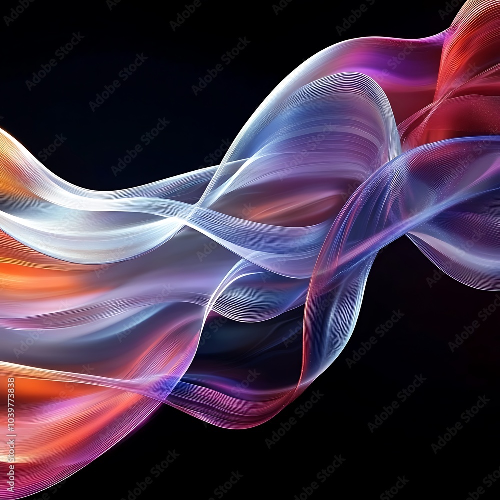 Poster glass translucent wavy composition with gradient transition on dark background, generative ai