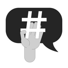 Hashtag in digital marketing black and white 2D illustration concept. Adding hash symbol to social media post outline character hand isolated. Online blogging viral metaphor monochrome vector art
