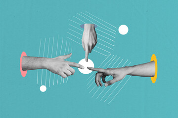 Composite trend artwork sketch image photo collage of three huge hand gesture appear hole show...